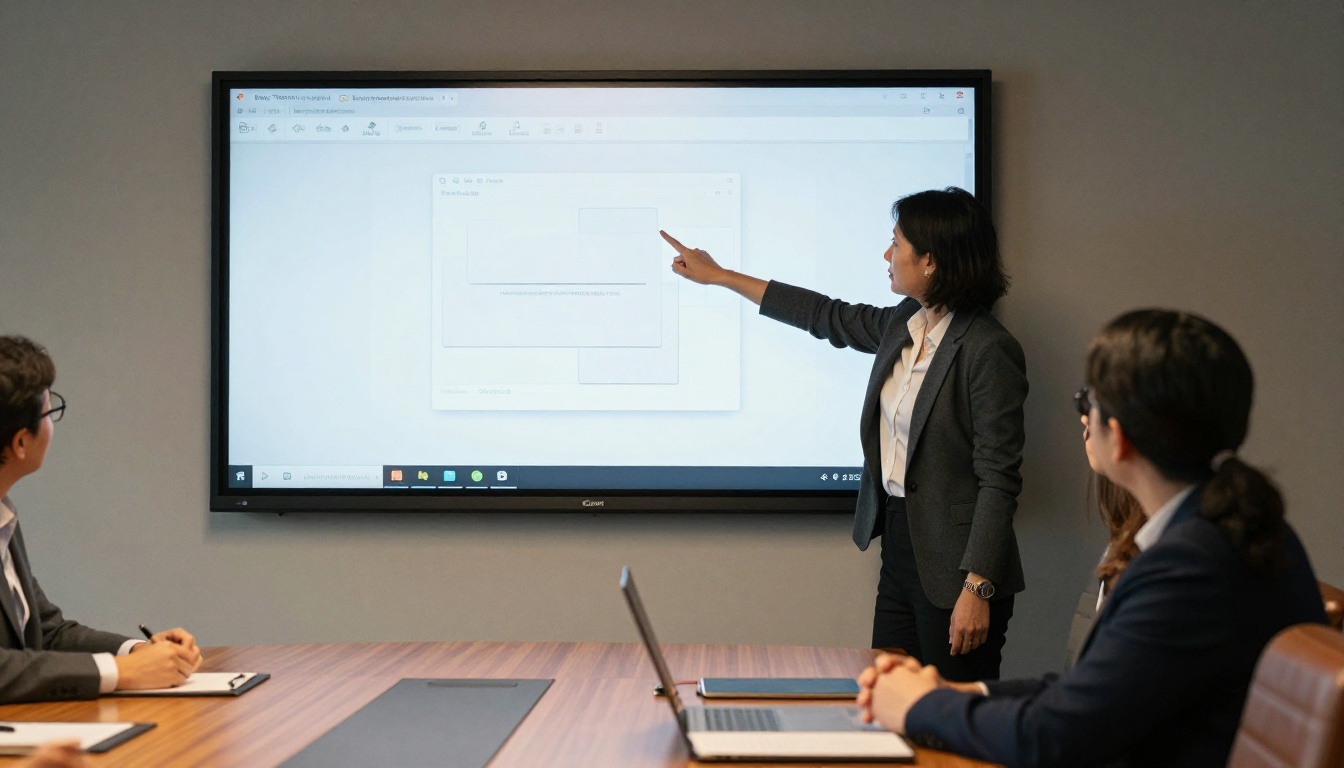 Professional presenting an interactive digital document on a display screen in a boardroom Professional presenting an interactive digital document on a display screen in a boardroom