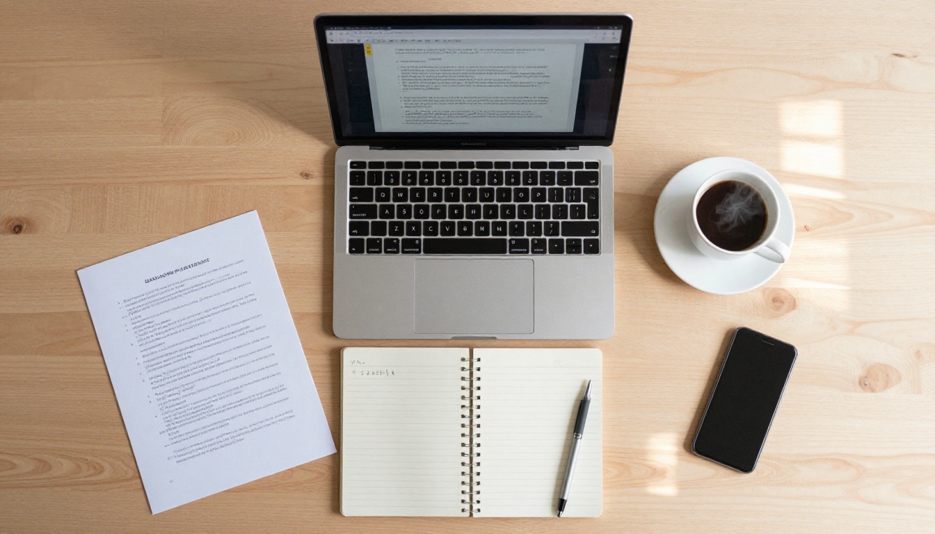 Aerial overhead flat lay of a desk with laptop, printed white paper, notepad, and coffee Aerial overhead flat lay of a desk with laptop, printed white paper, notepad, and coffee