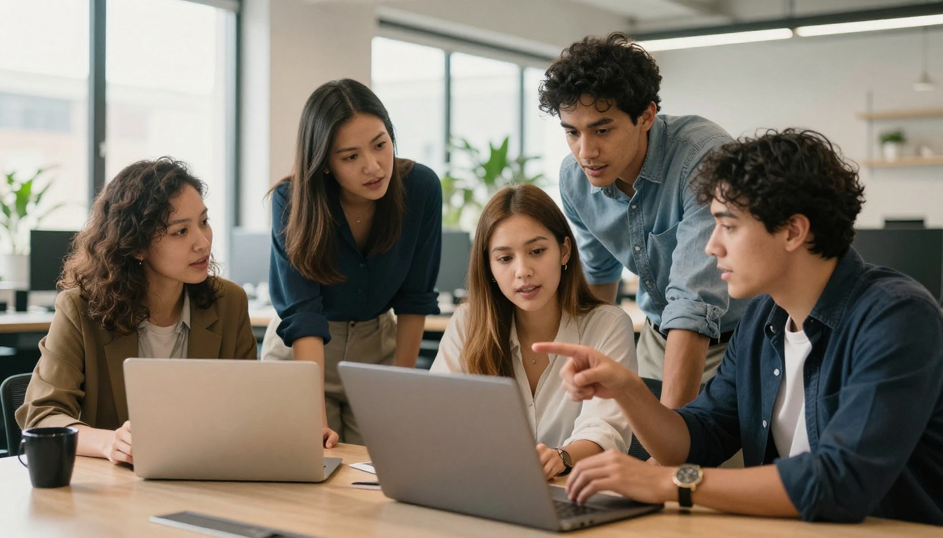Corporate marketing team gathered around a laptop in a modern open-plan office Corporate marketing team gathered around a laptop in a modern open-plan office