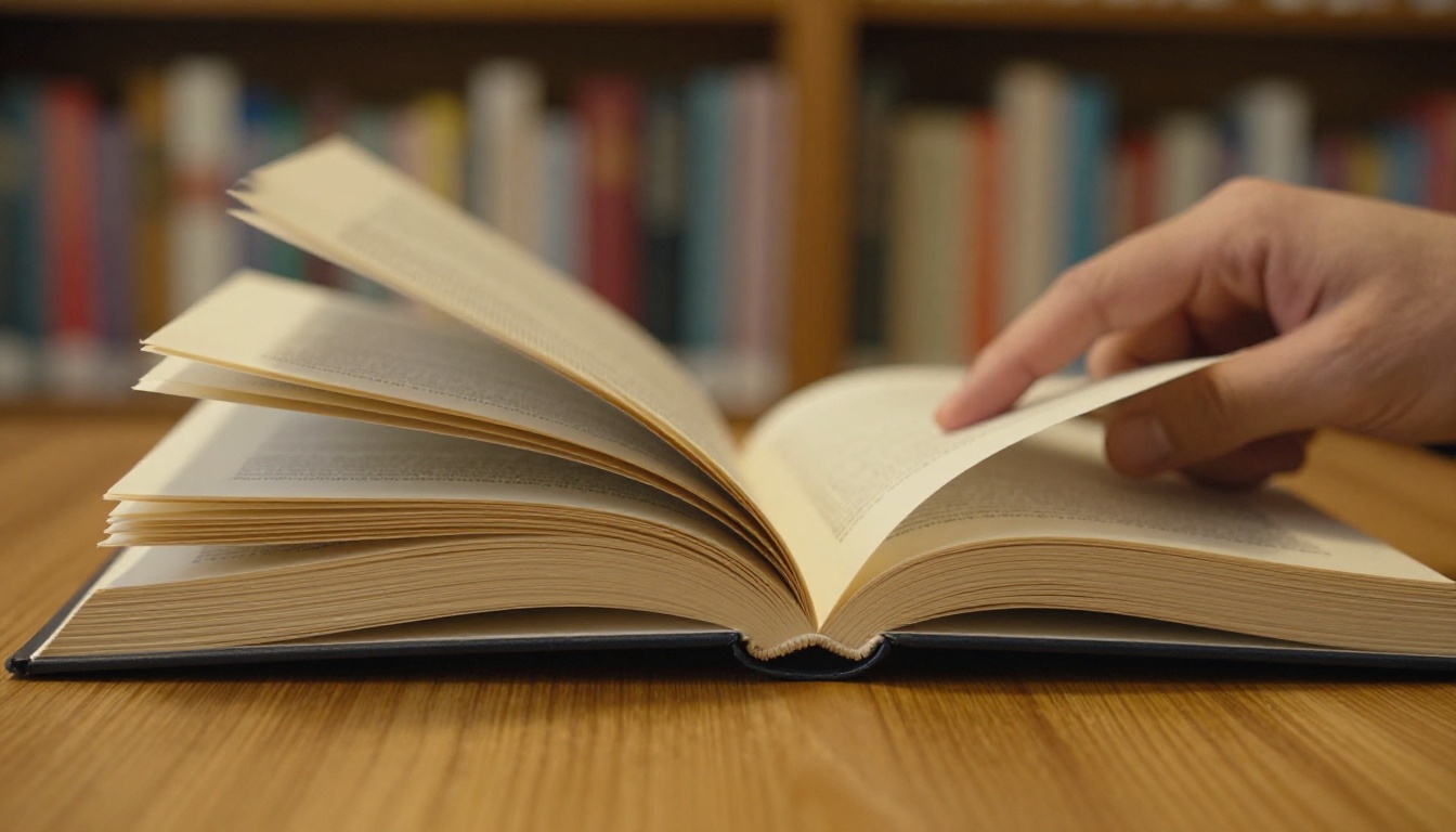 Close-up of hands turning research paper pages