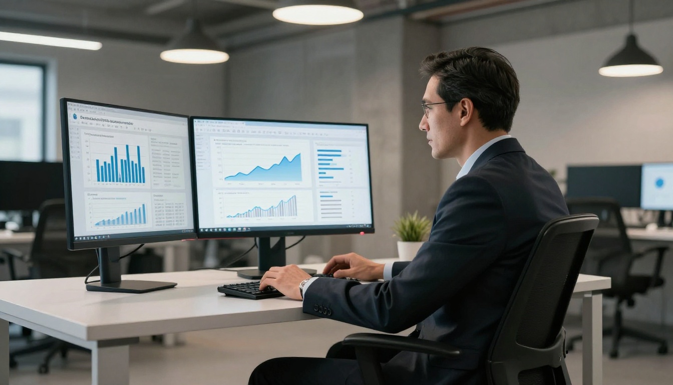 Business executive reviewing analytics on dual monitors in a modern office Business executive reviewing analytics on dual monitors in a modern office
