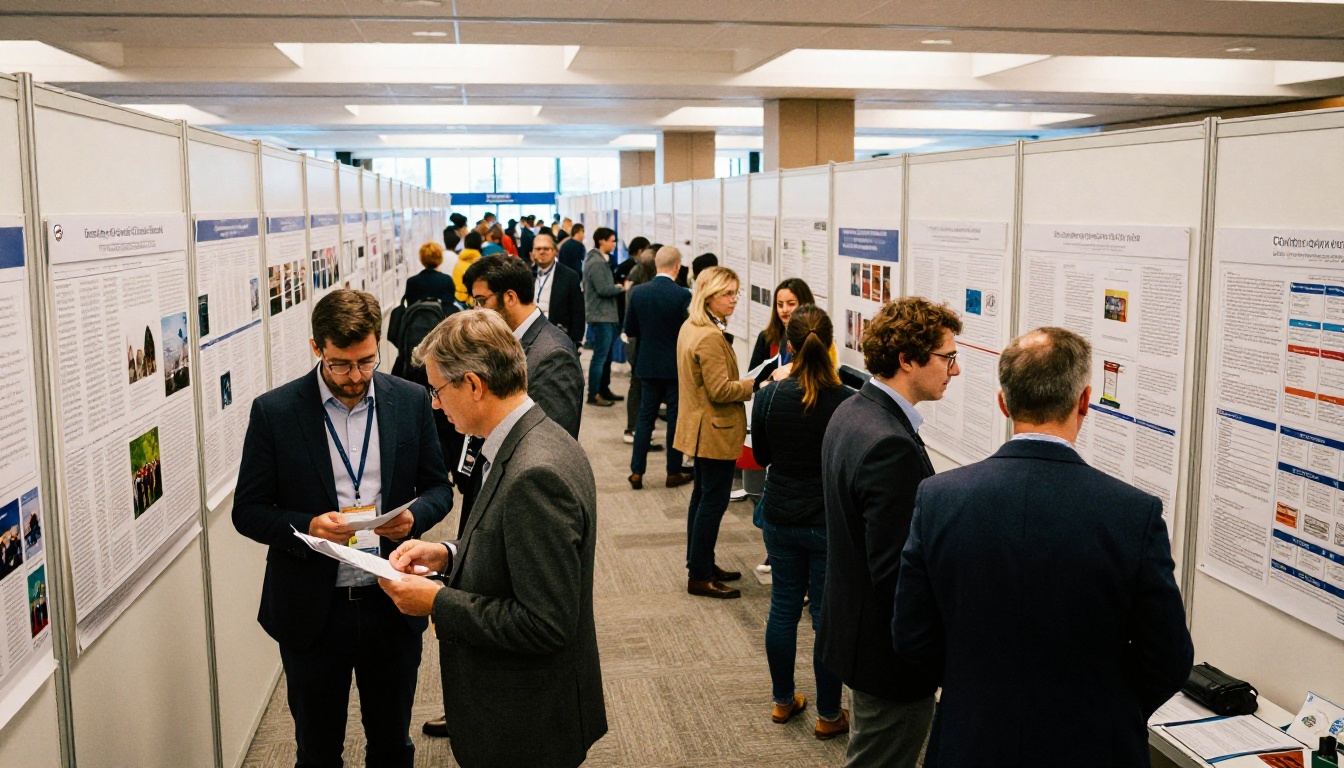Bustling academic conference exhibition hall