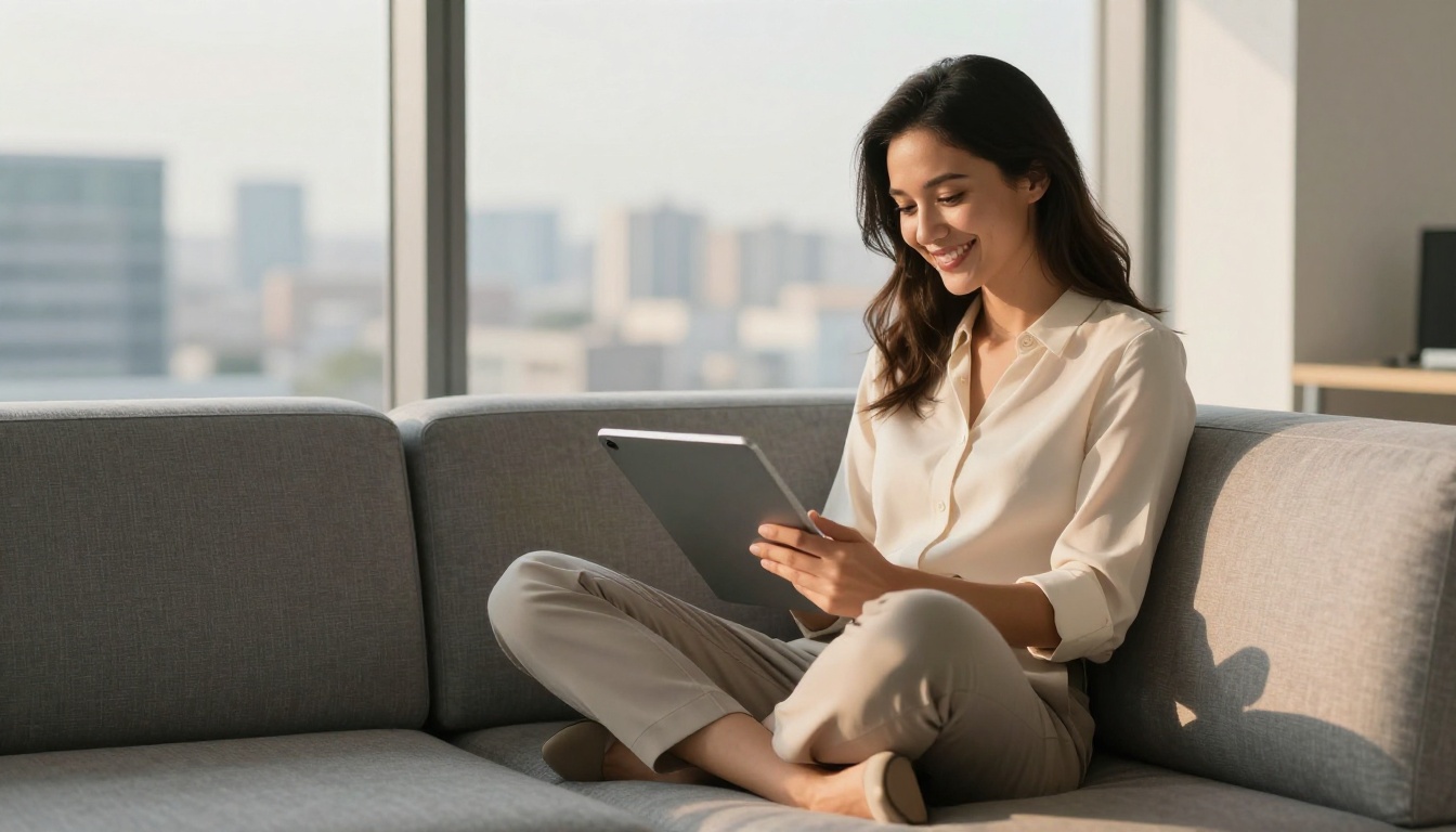 Professional woman reading an interactive document on a tablet on an office sofa Professional woman reading an interactive document on a tablet on an office sofa