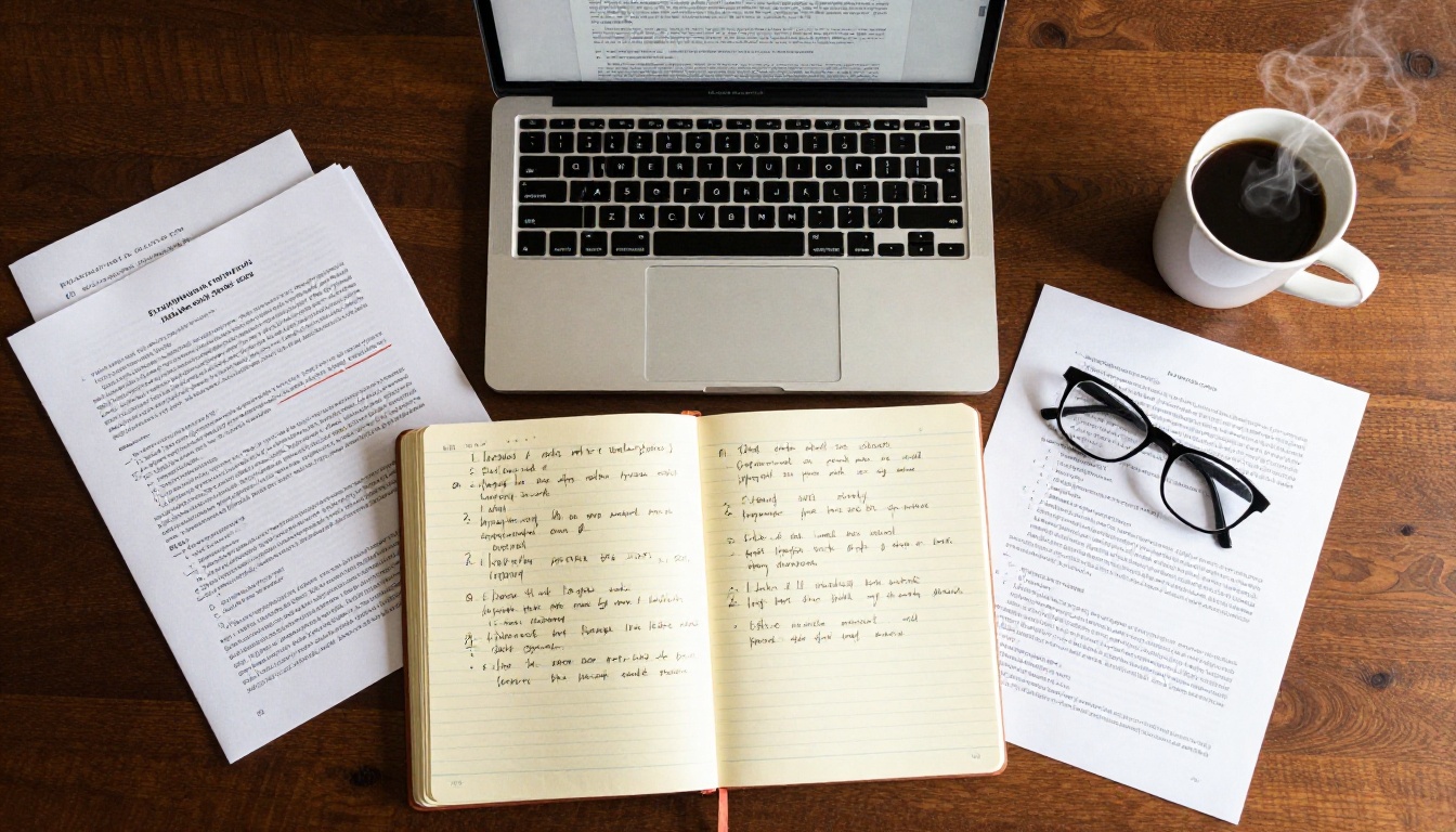 Researcher's organized desk with laptop, papers, and notes