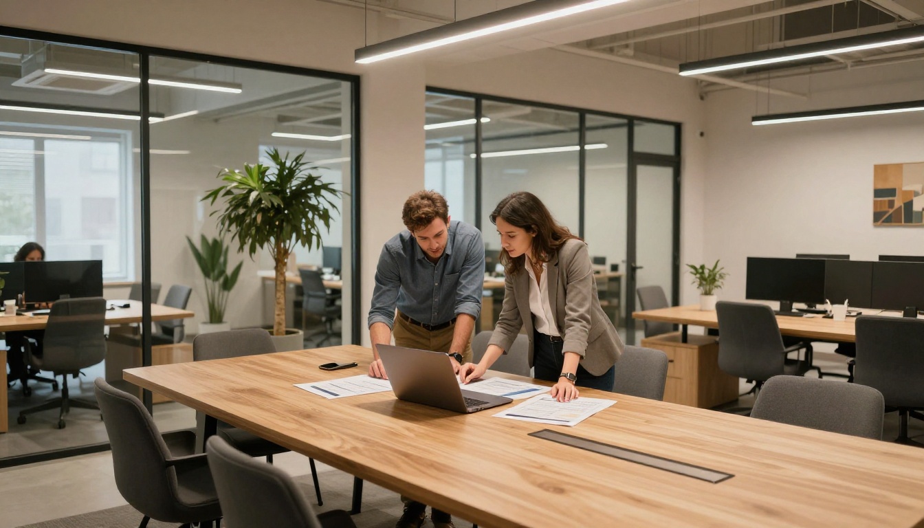Two professionals reviewing reports and a laptop in a modern office collaboration space Two professionals reviewing reports and a laptop in a modern office collaboration space