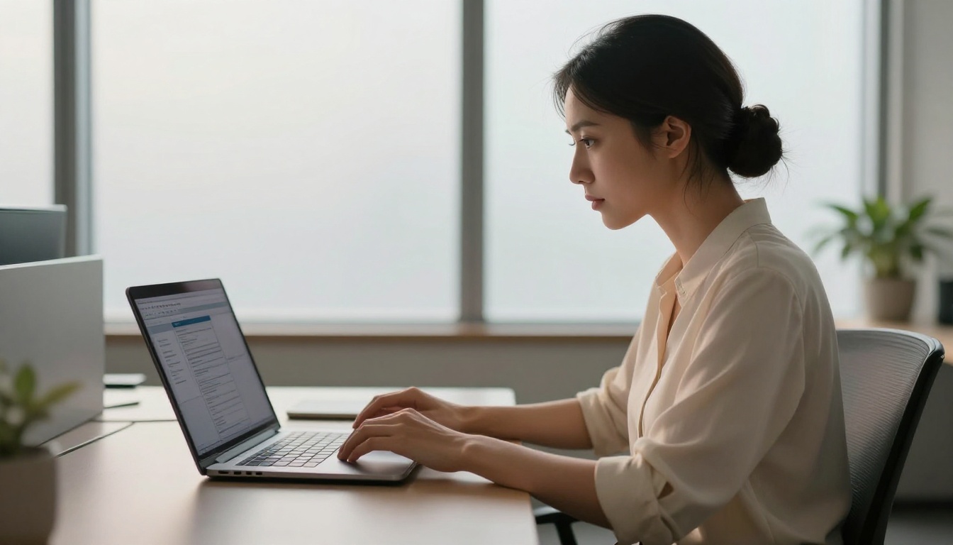 Professional woman reviewing digital document on laptop