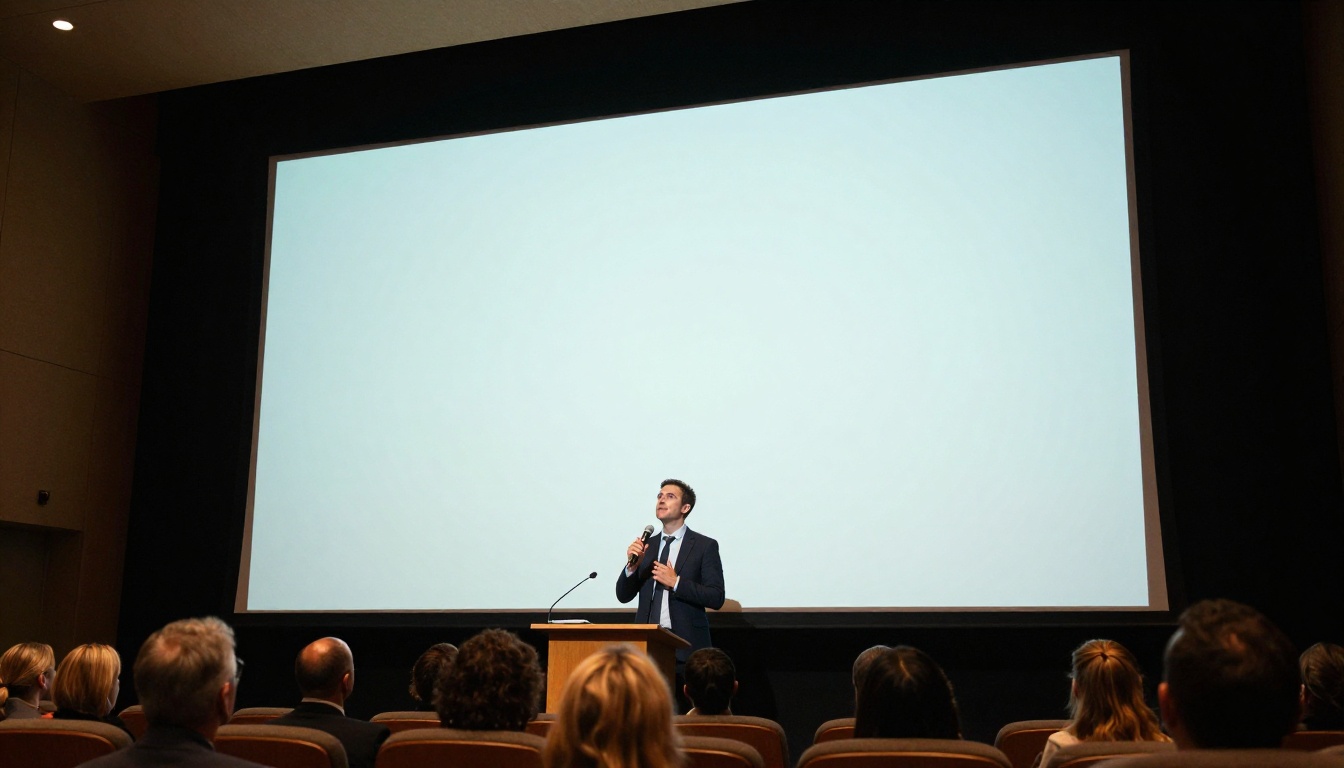 Academic conference auditorium presenter at podium