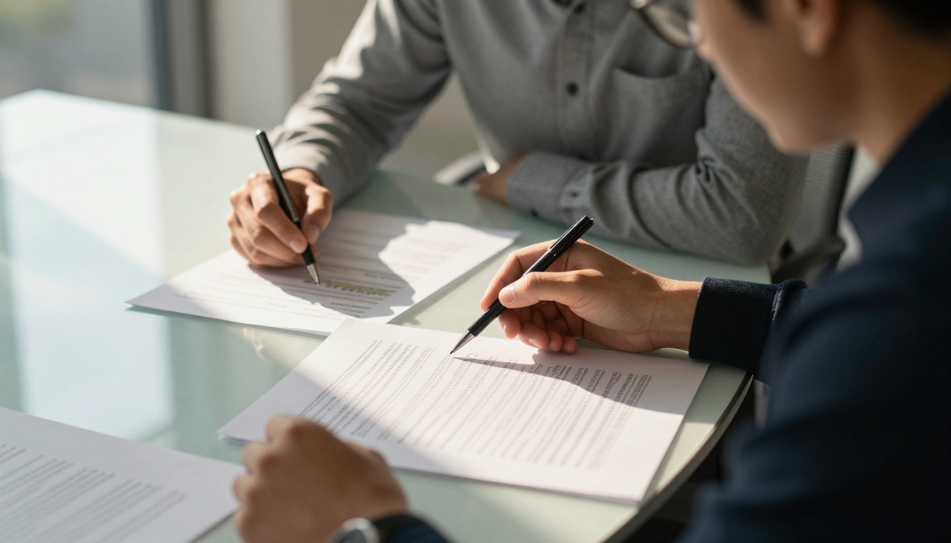 Two academics collaborating over research documents at a glass table