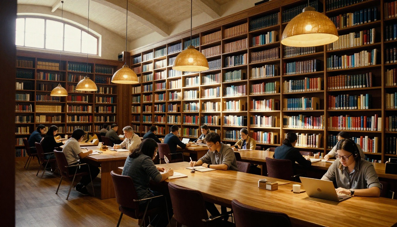 University library reading room with warm golden lighting
