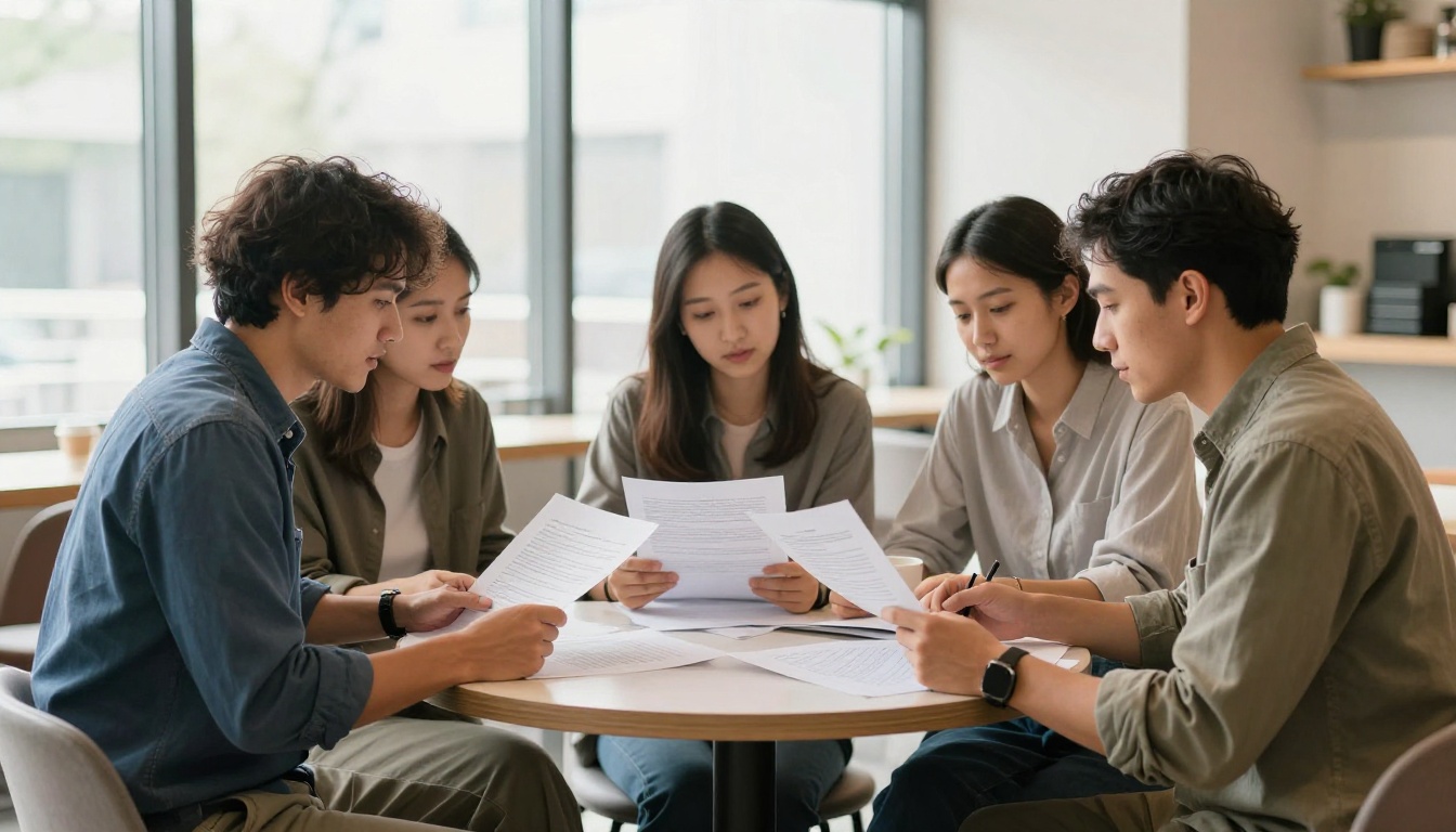 Group of researchers collaborating in a bright co-working space