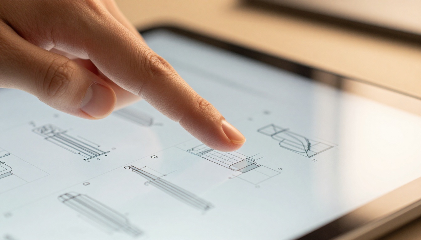 Close-up macro shot of a person's finger touching a tablet screen displaying numbered assembly steps and technical diagrams in a clean product manual layout