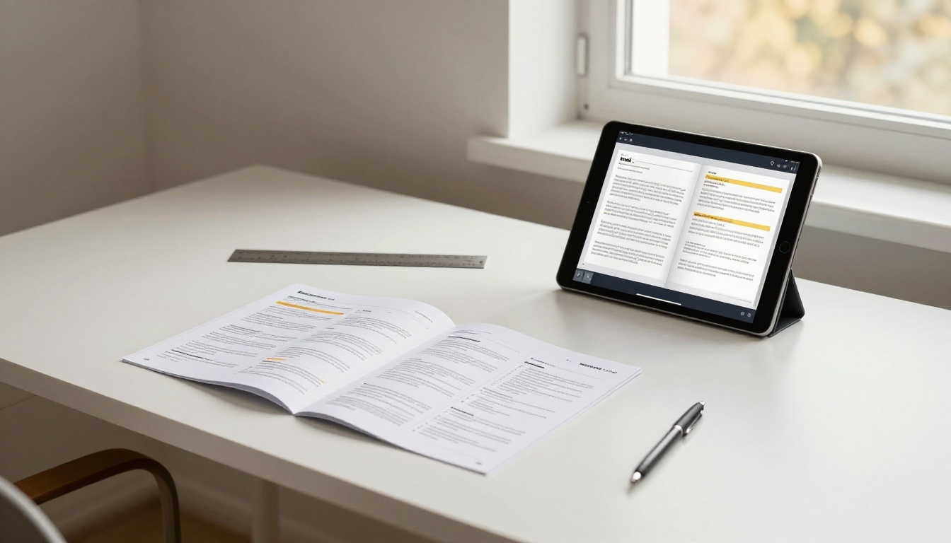 A modern desk showing a printed paper product manual beside a tablet displaying the same manual as an interactive digital flipbook