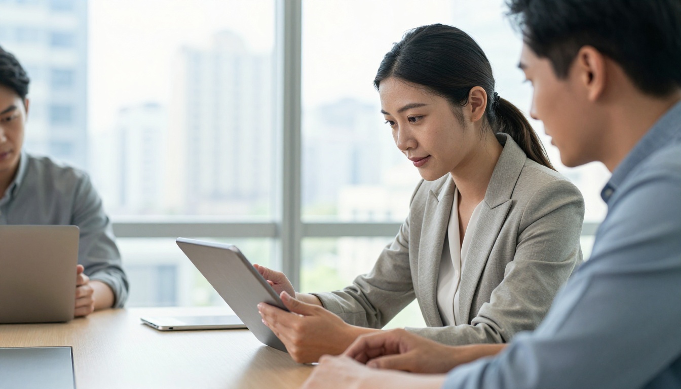 A professional woman presenting a tablet showing a product manual flipbook to a male colleague across a bright conference table