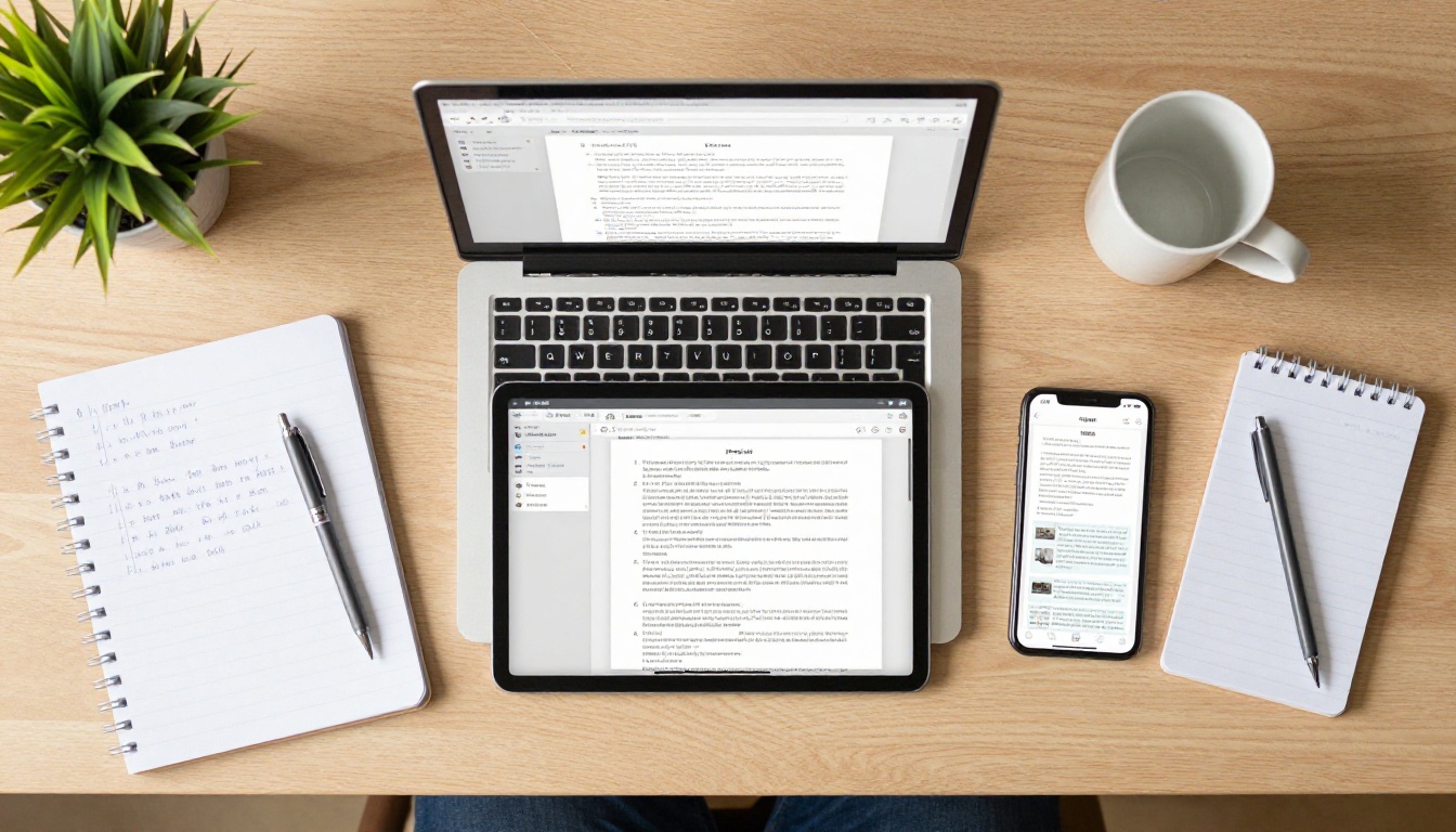 Aerial overhead flat-lay of a laptop, tablet, and smartphone on a light oak desk, all showing the same product documentation in different formats