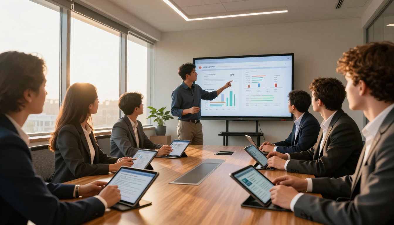 Sales team reviewing case studies on tablets in a modern conference room Sales team reviewing case studies on tablets in a modern conference room