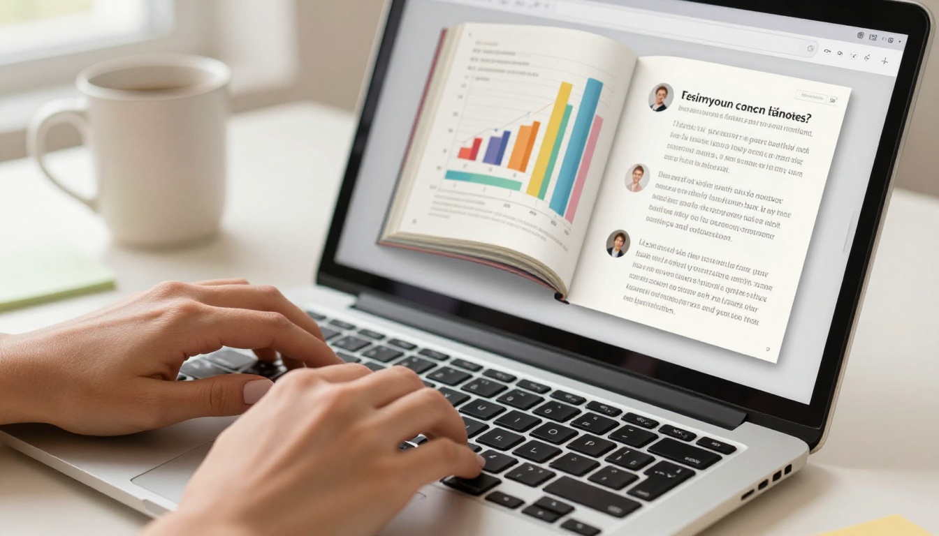 Close-up of hands on laptop with digital flipbook showing page turn and bar charts Close-up of hands on laptop with digital flipbook showing page turn and bar charts
