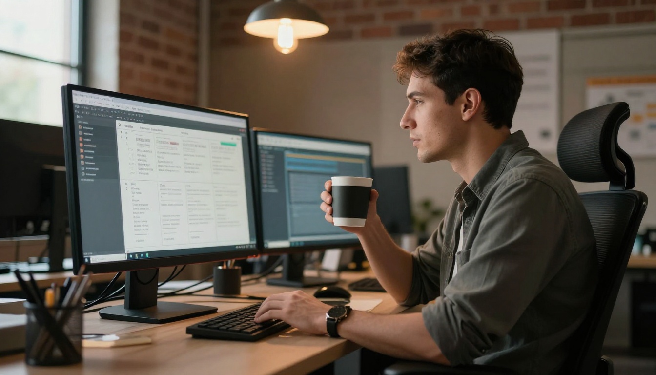 A quality assurance engineer reviewing a product manual flipbook on a large widescreen desktop monitor in an industrial-style office
