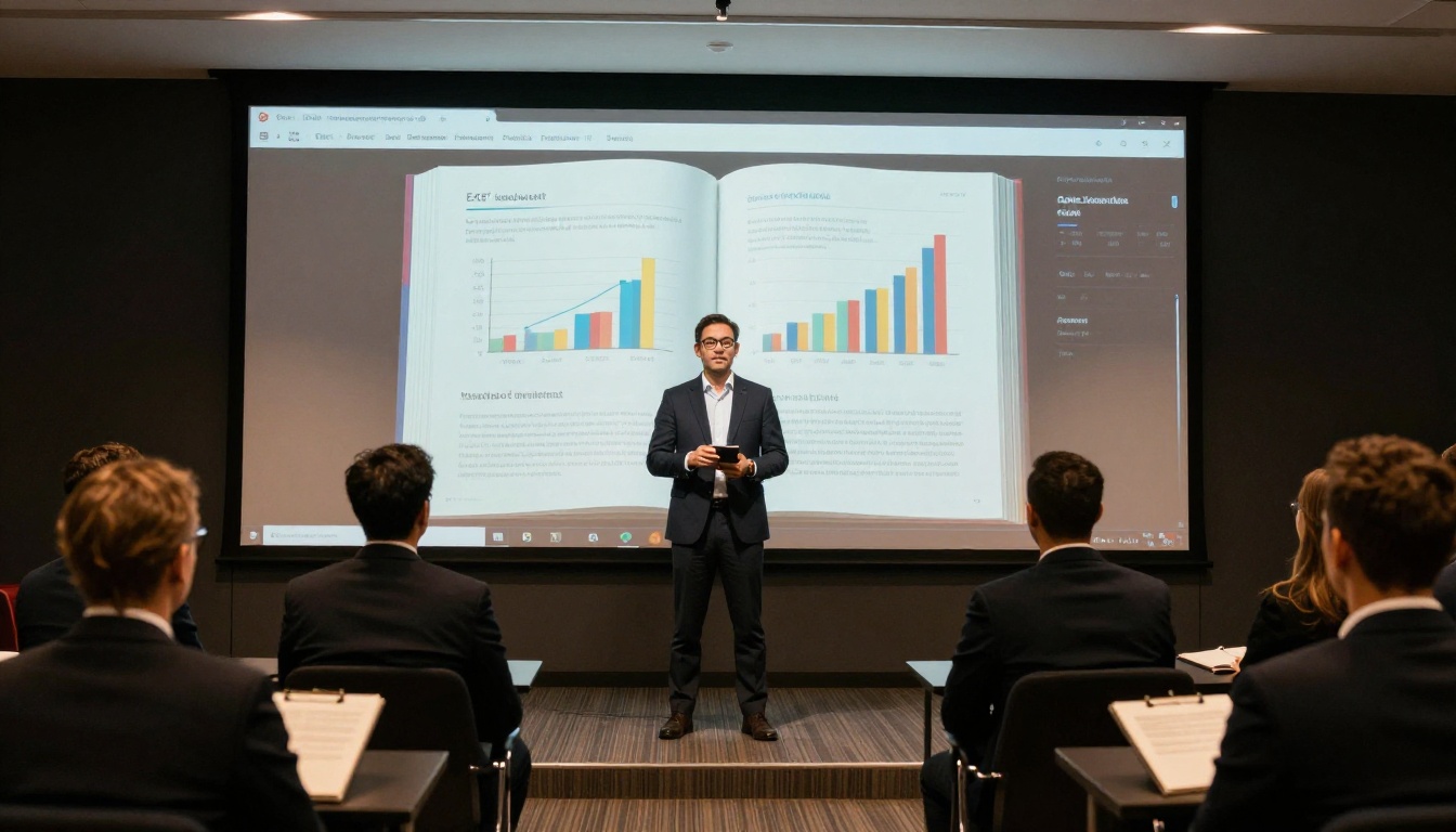 Sales director presenting digital flipbook on large screen to an attentive audience Sales director presenting digital flipbook on large screen to an attentive audience