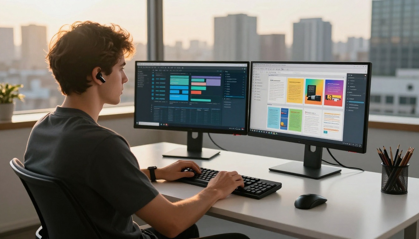Sales representative with dual monitors showing CRM dashboard and flipbook preview Sales representative with dual monitors showing CRM dashboard and flipbook preview