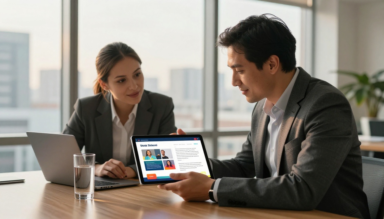 Salesperson showing client a tablet with digital case study flipbook in an office meeting Salesperson showing client a tablet with digital case study flipbook in an office meeting