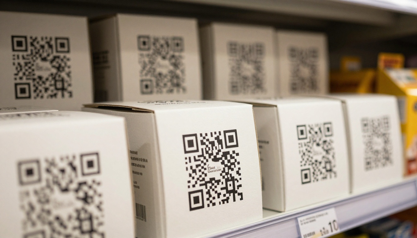 Low-angle shot of retail product boxes on store shelves with QR codes prominently displayed on the packaging