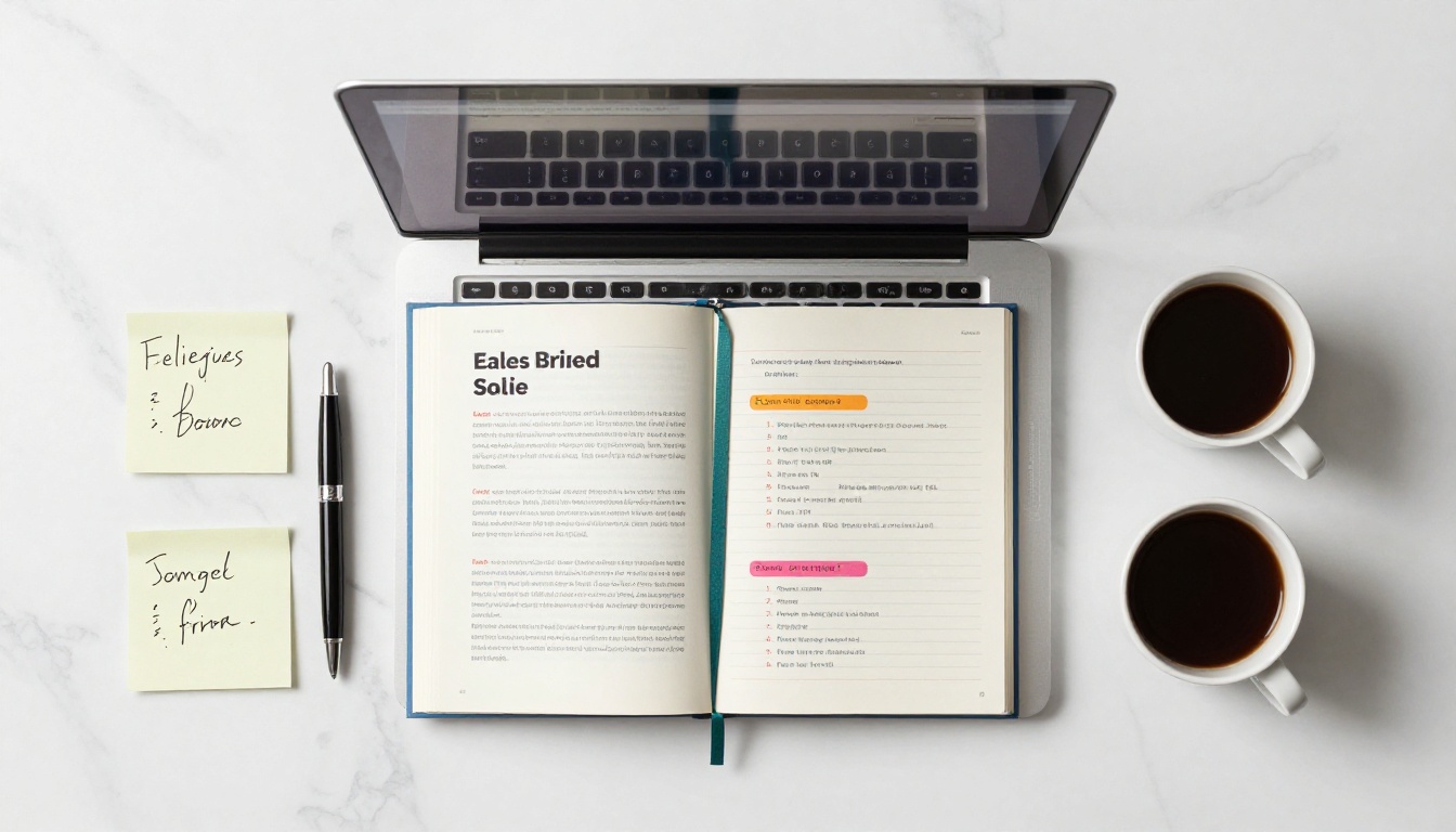 Aerial flat lay of sales workspace with laptop showing flipbook, printed briefs, coffee, and sticky notes