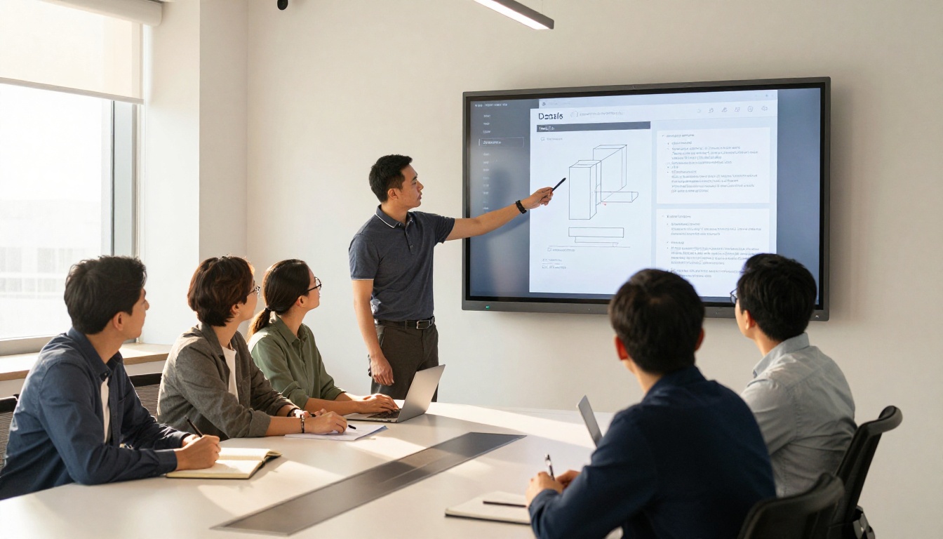 A small business team of three people gathered around a large wall-mounted screen displaying a product documentation flipbook in a bright modern meeting room