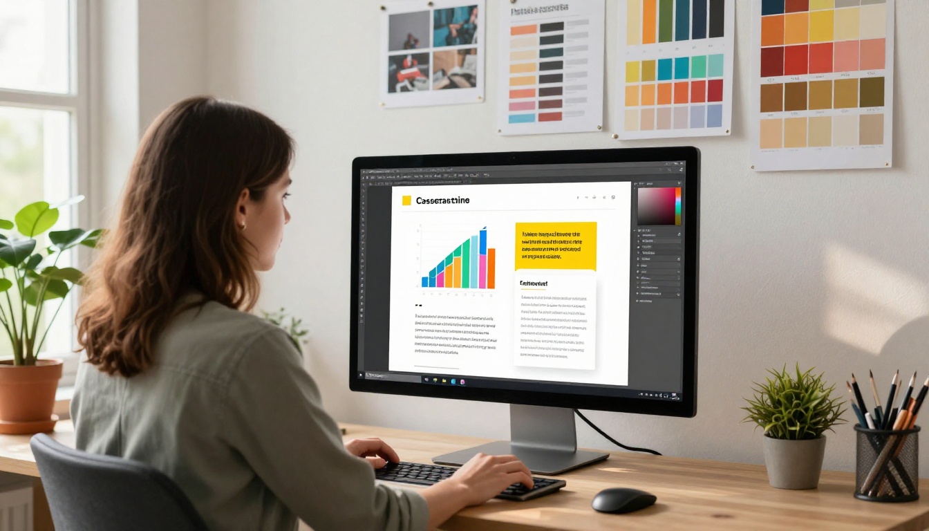 Marketing professional designing a digital case study layout on a large studio monitor