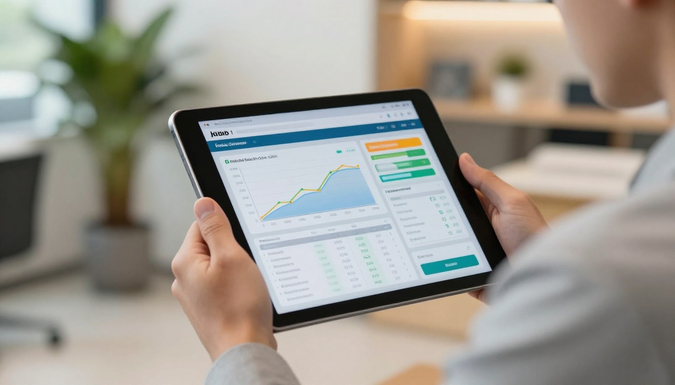 Male professional in grey suit holding tablet showing flipbook analytics dashboard