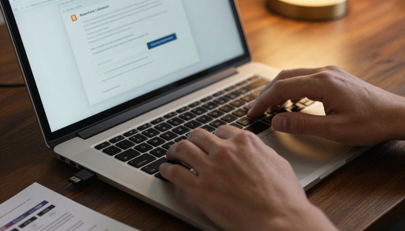 A person's hands uploading a document file on a laptop with a small printed product manual pamphlet resting beside it on a dark walnut desk