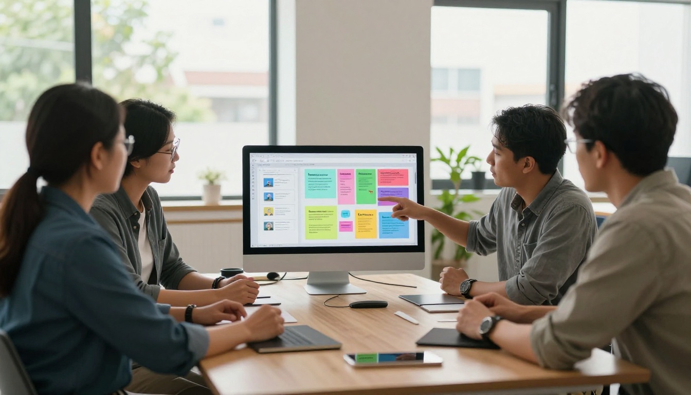 Diverse sales team collaborating around a high-top table on a shared monitor showing flipbook assembly