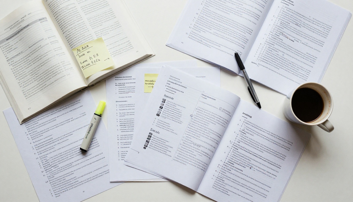 Overhead view of cluttered printed PDF manuals and stacked paper documents on a white desk