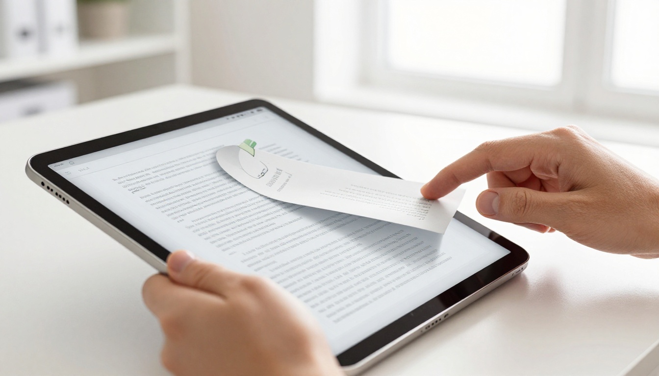 Close-up of hands holding a tablet with a digital page curl mid-transition showing documentation content