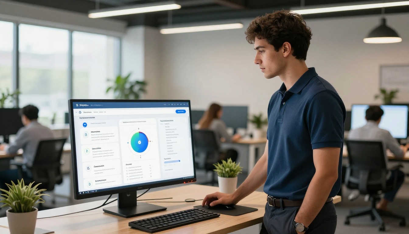 Young male software professional at a standing desk reviewing an interactive onboarding documentation flipbook on an ultrawide monitor
