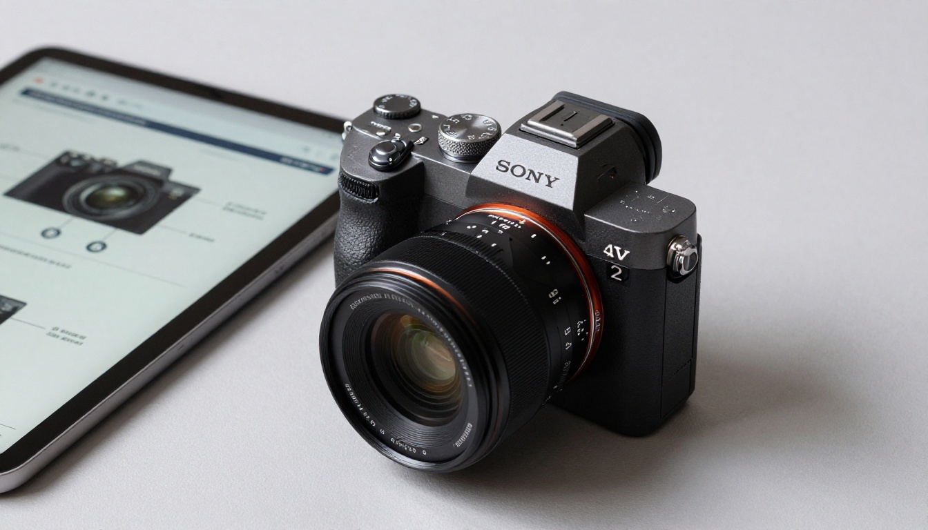Close-up of a compact camera next to a tablet showing an interactive product manual flipbook with crisp diagrams