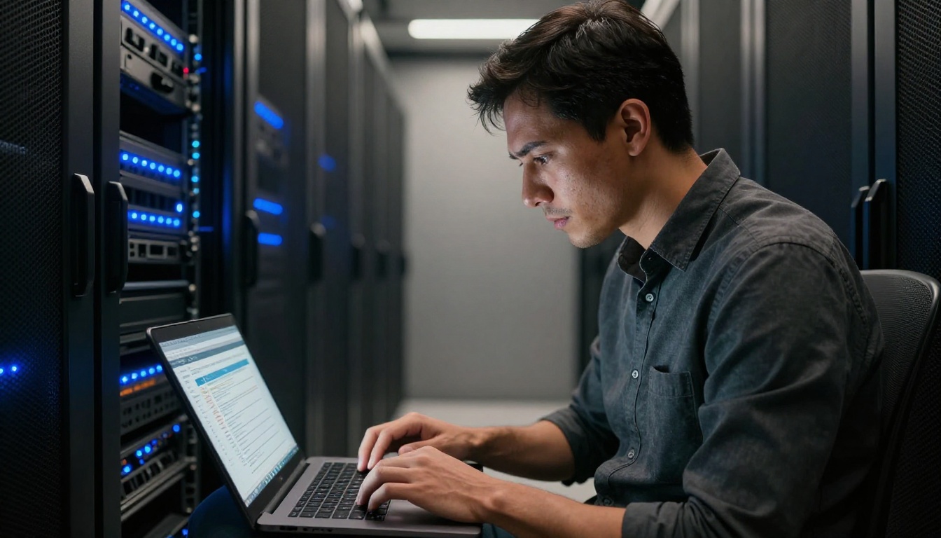Male IT professional reviewing documentation on a laptop in a clean server room corridor with blue LED rack lighting