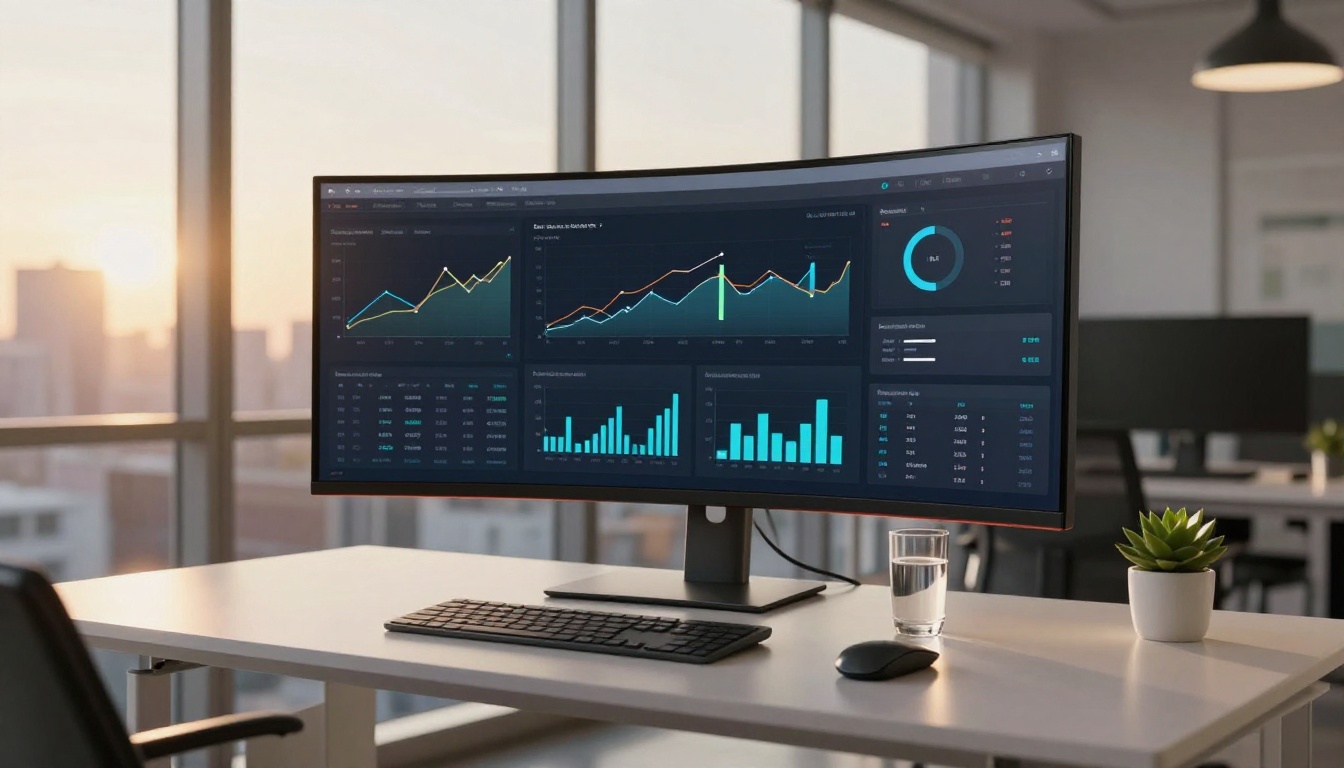 Ultrawide monitor displaying a clean dark-mode analytics dashboard with engagement metrics in a bright office with golden hour light