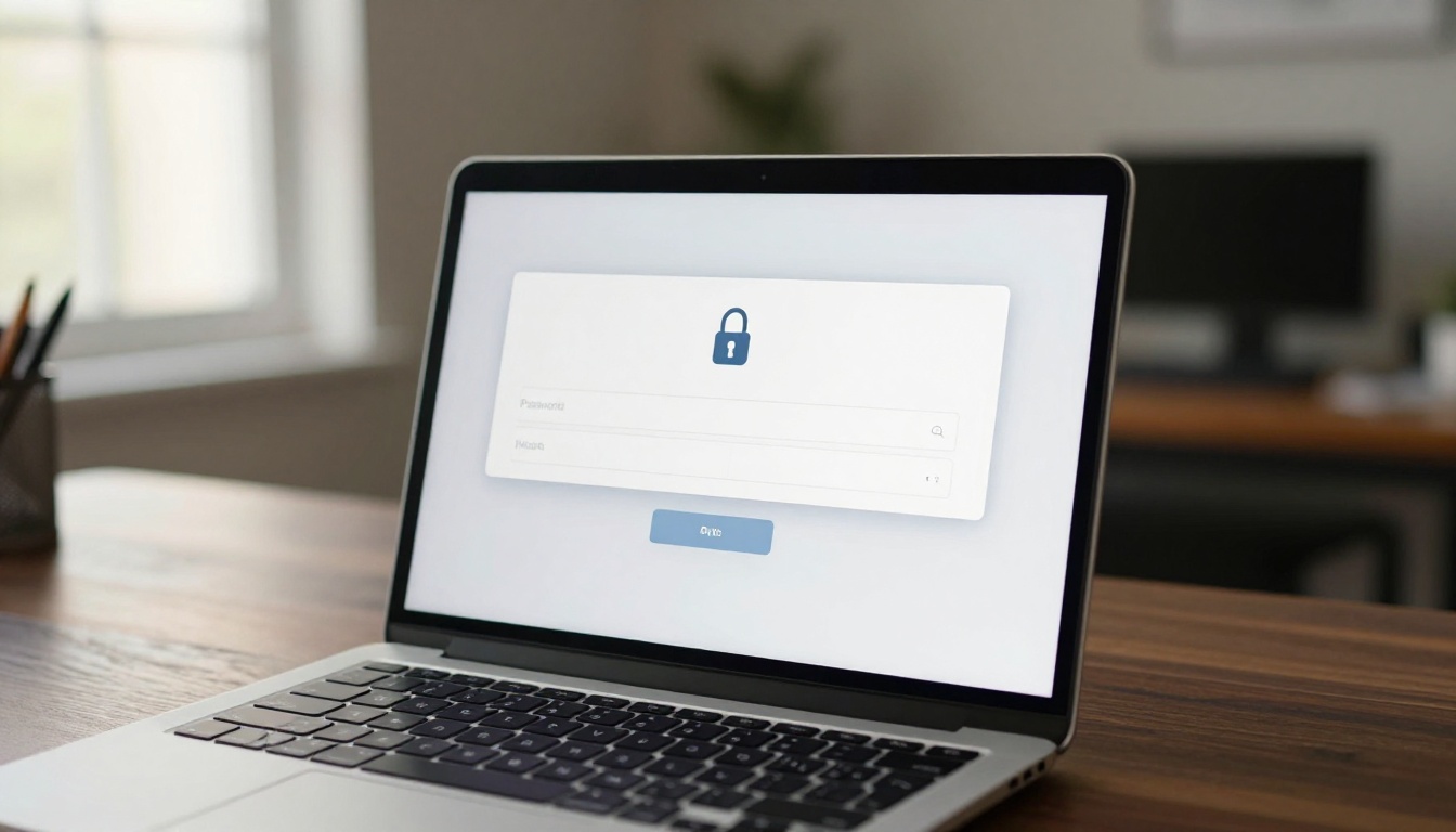 Close-up of a laptop screen showing a clean minimal password entry dialog with a lock icon on a dark walnut desk