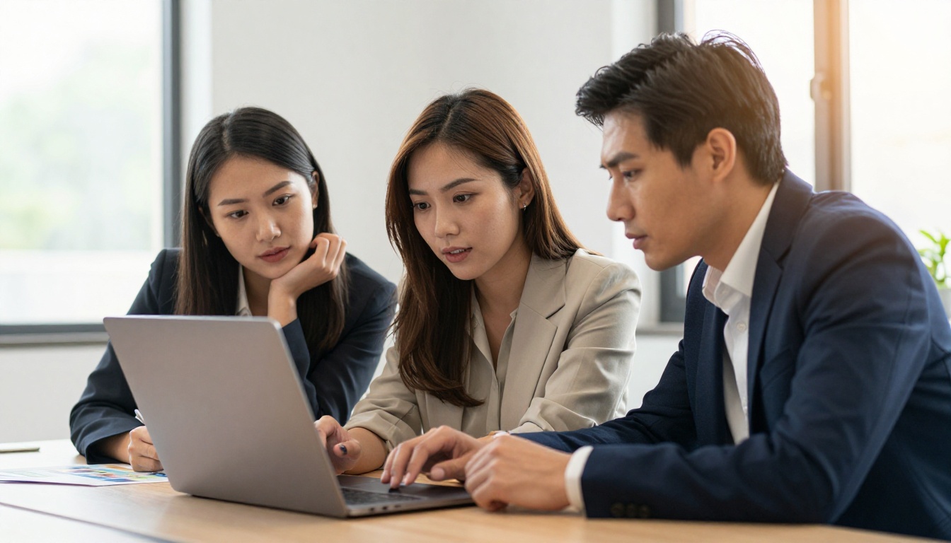 Three colleagues gathered around a laptop on a bright conference table reviewing an interactive documentation flipbook together