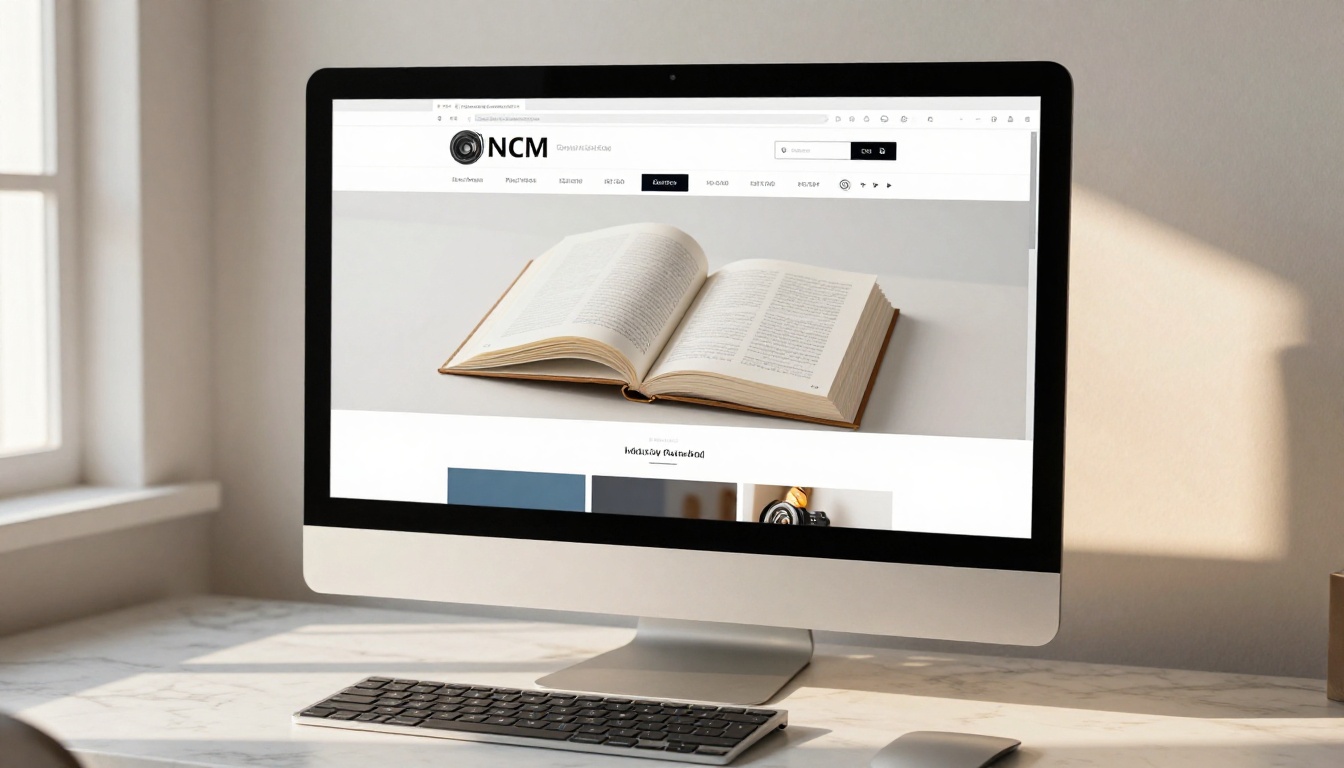 Large desktop monitor displaying a modern website with an embedded interactive flipbook widget on a marble desk