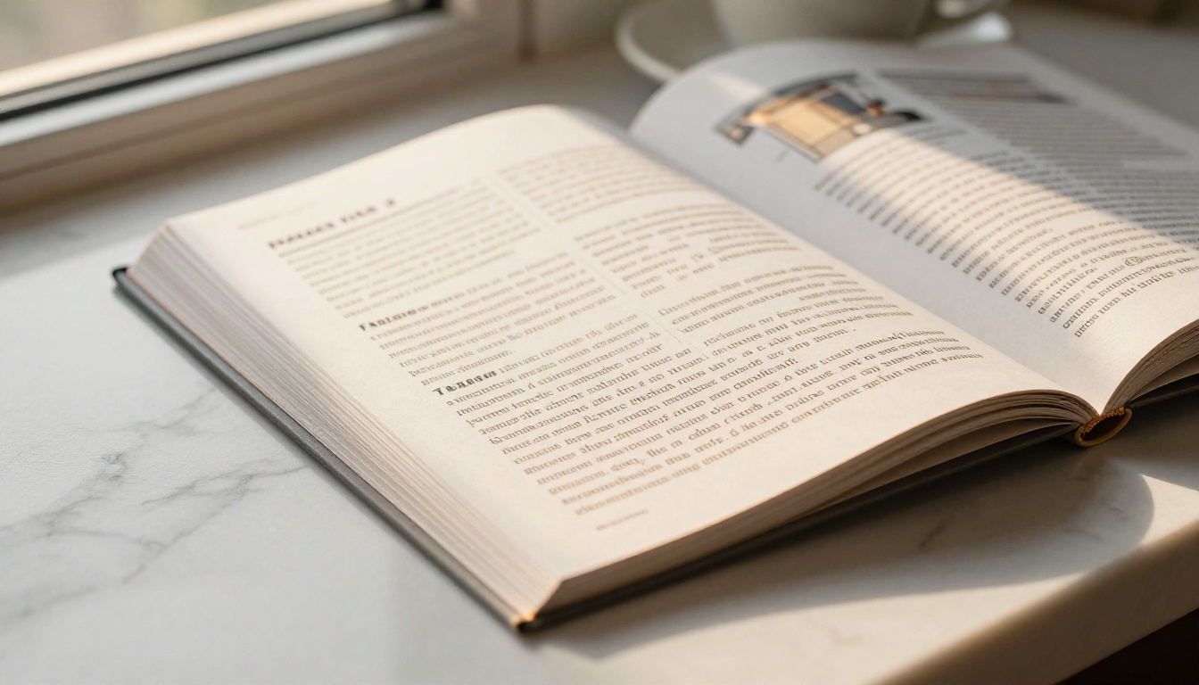 FAQ booklet open mid-page-turn on a marble desk