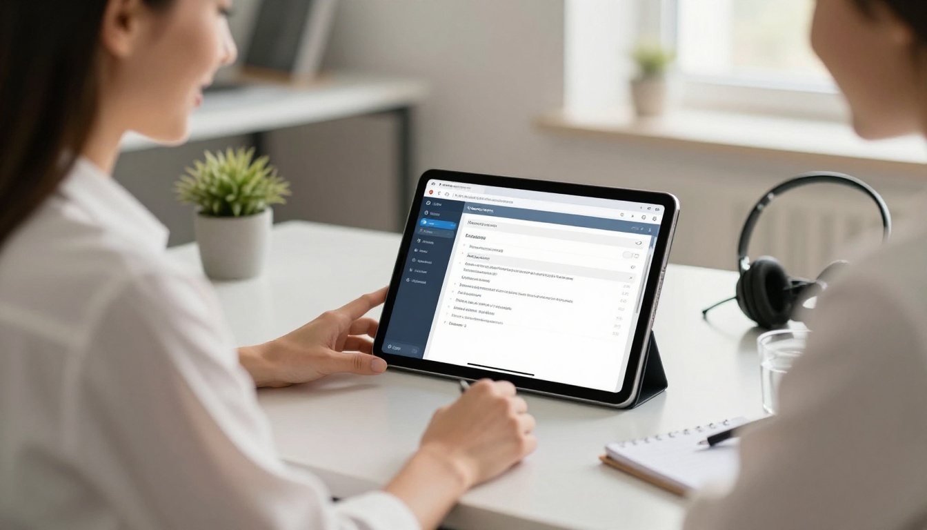 Customer support professional reviewing FAQ flipbook on tablet