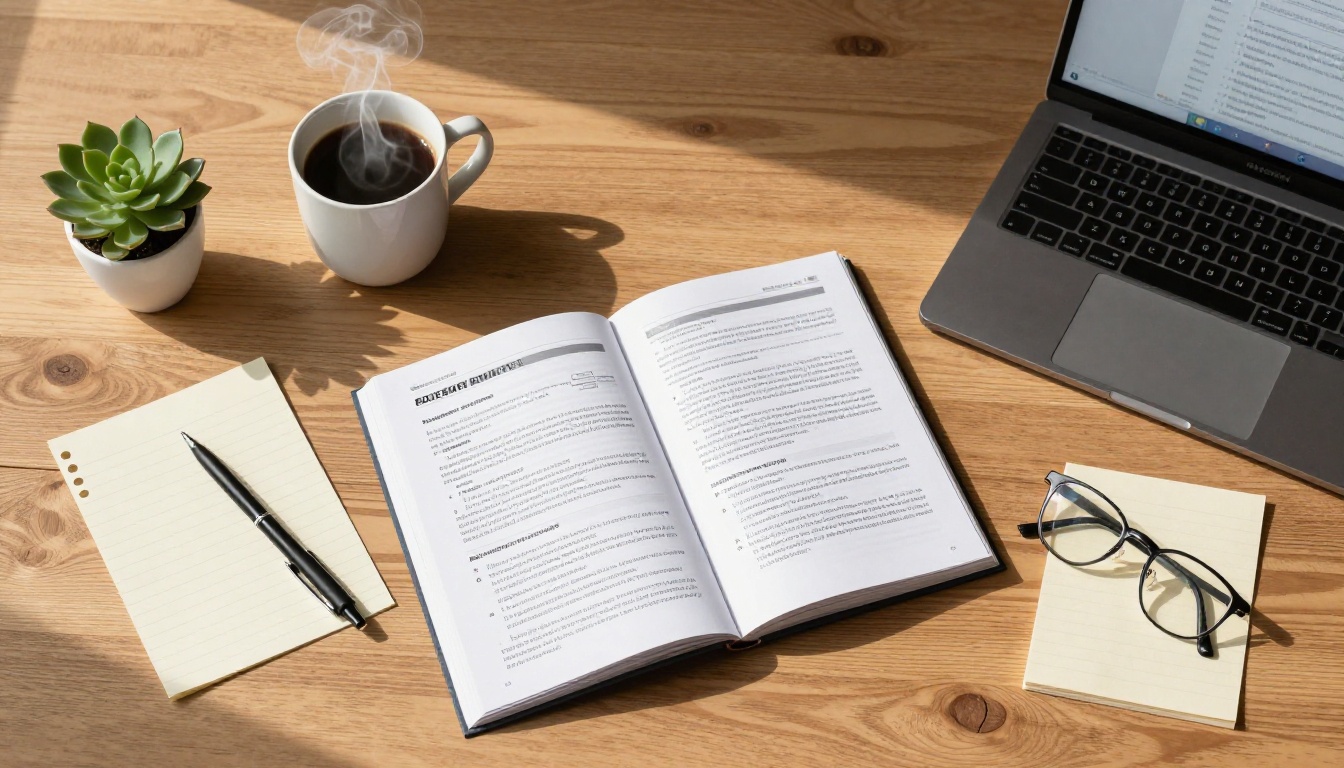 Overhead flat-lay of FAQ booklet, coffee, and laptop workspace