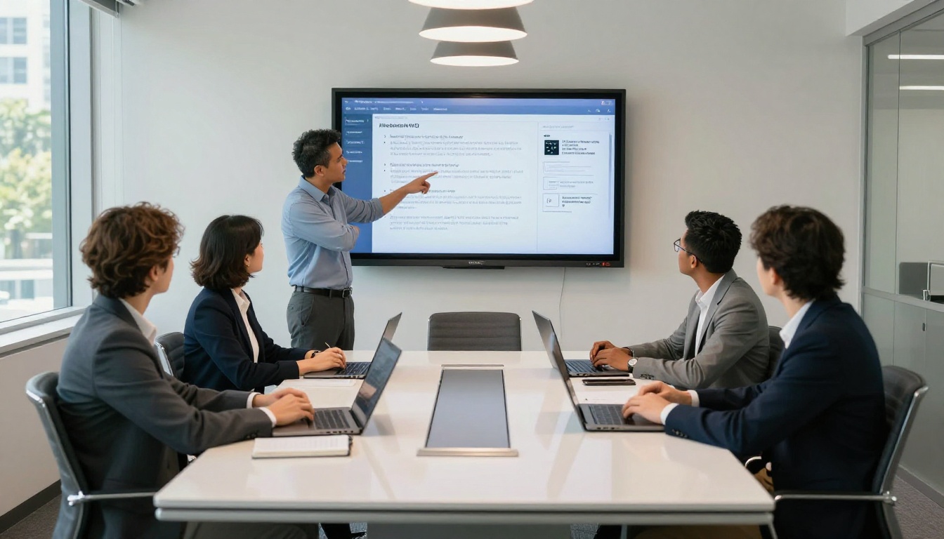Business team reviewing FAQ flipbook projected on conference screen