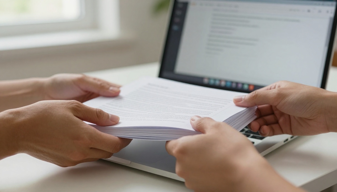 Hands holding a PDF document stack above a laptop for conversion