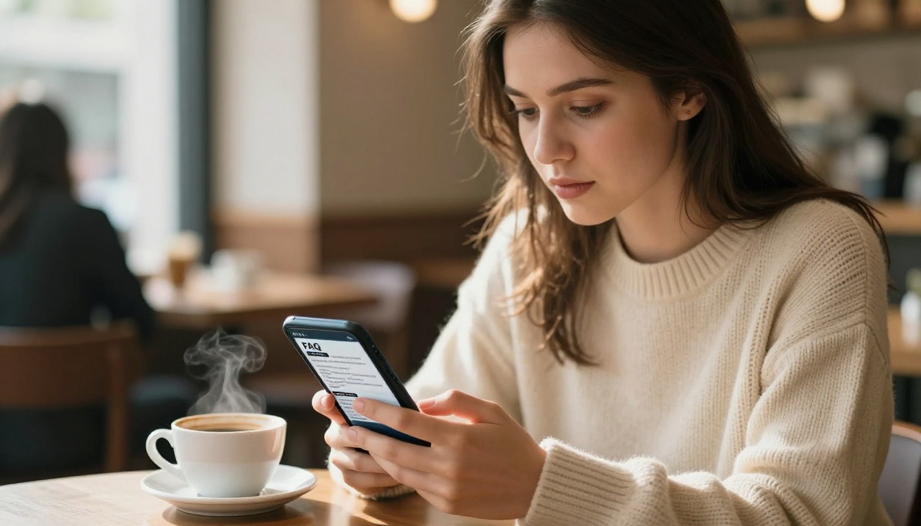 Young woman scrolling FAQ flipbook on smartphone at a coffee shop