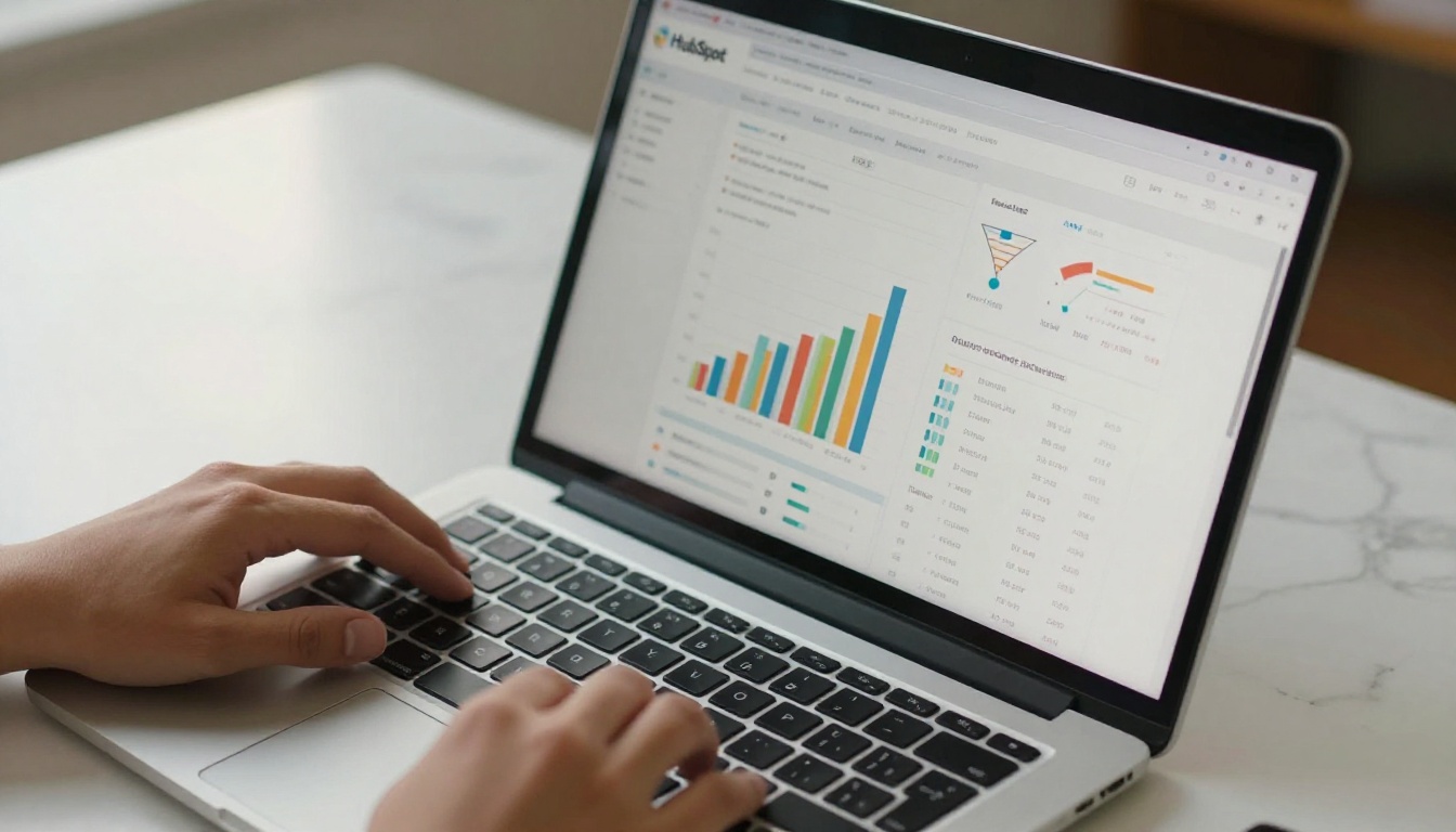 HubSpot CRM analytics dashboard on a laptop screen in a bright office