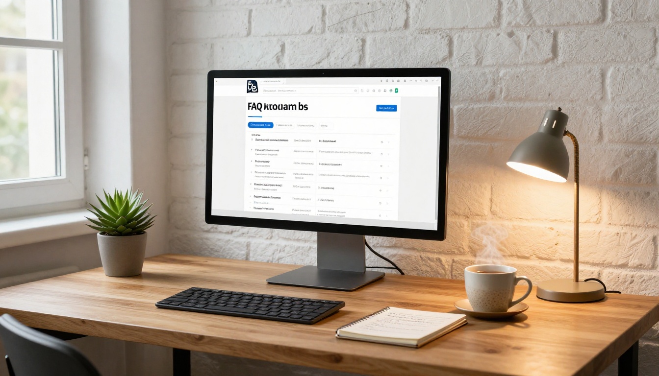 Cozy home office with monitor showing FAQ knowledge base flipbook