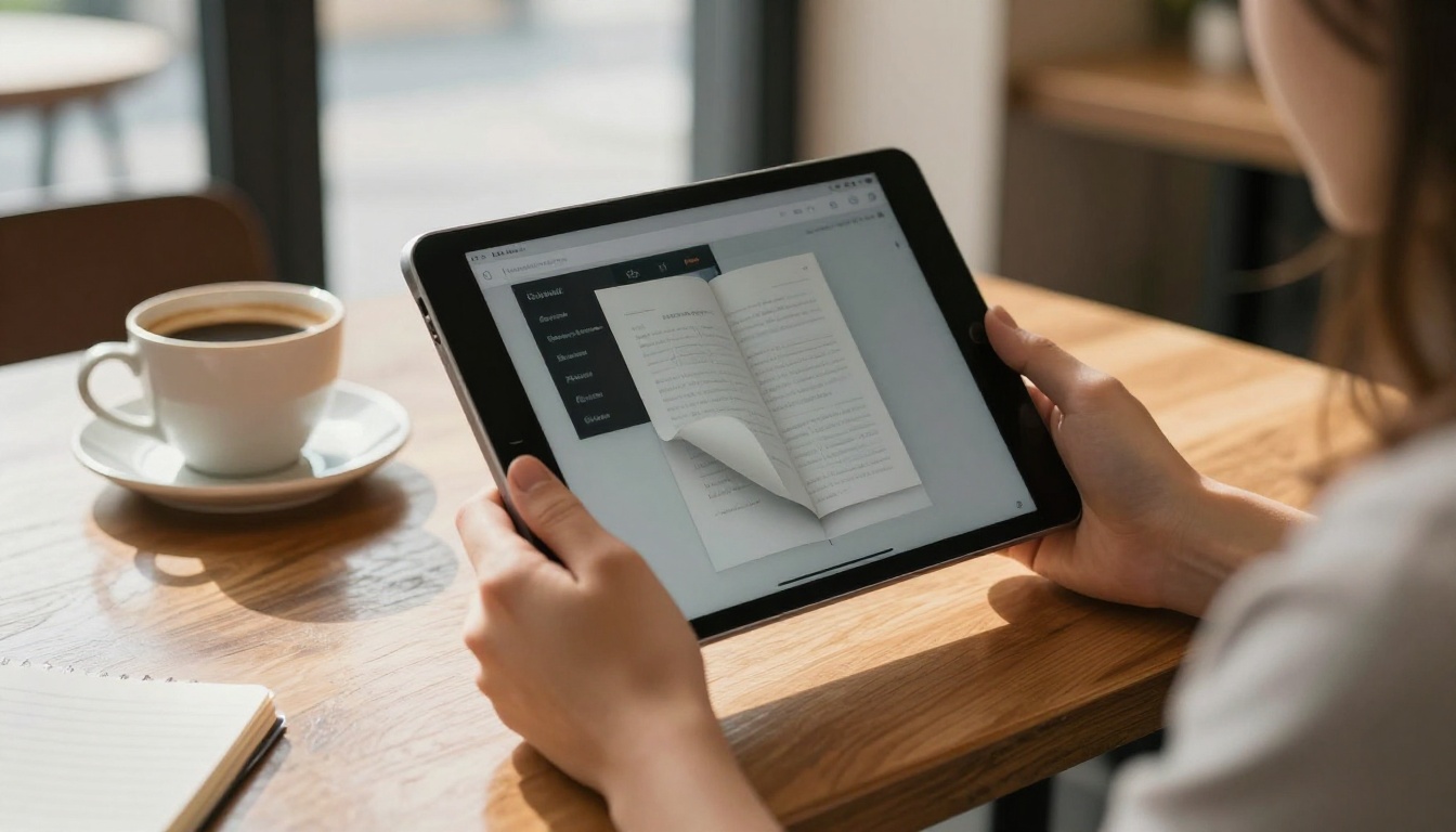Woman's hands holding a tablet showing an interactive digital flipbook at a coffee shop table