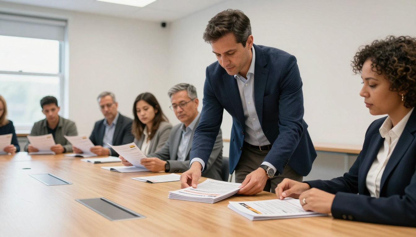 Corporate trainer distributing FAQ booklets at a conference table